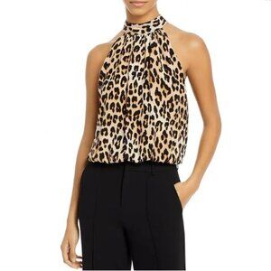 Alice and Olivia Maris Leopard Printed Silk Halter Top, Brown & Black | Small
